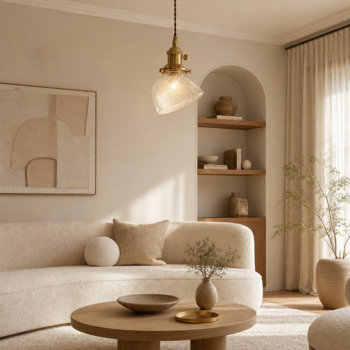 Vintage Ribbed Glass and Brass Mini Pendant Light
