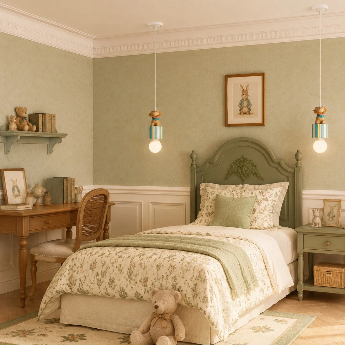 Cat green gift box pendant lamps in a study bedroom