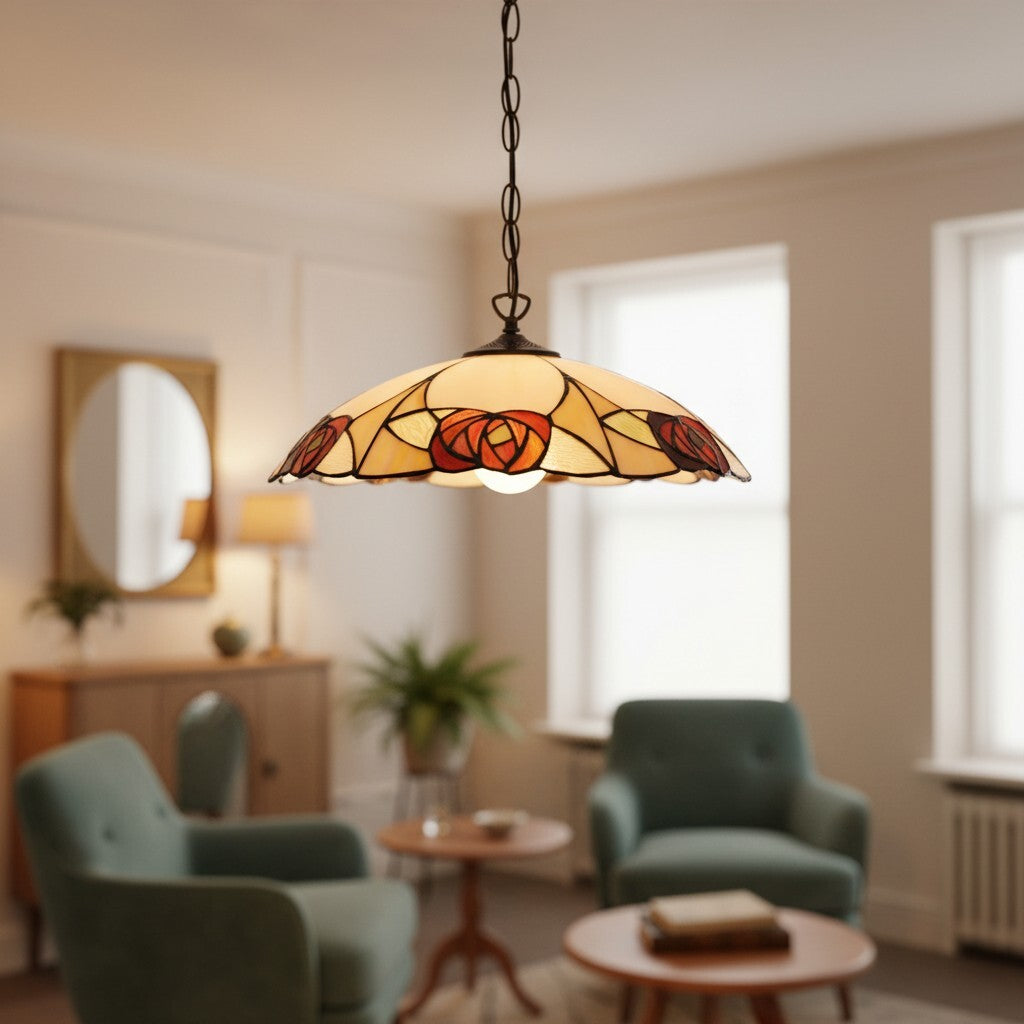 TF Ingram Tiffany Pendant Light – Vintage Handcrafted Stained Glass Floral Shade for Dining Room