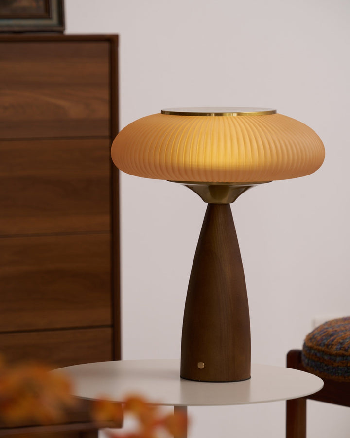 Wiederaufladbare Tischlampe aus Holz – Tischlampe für Zuhause mit Glasschirm