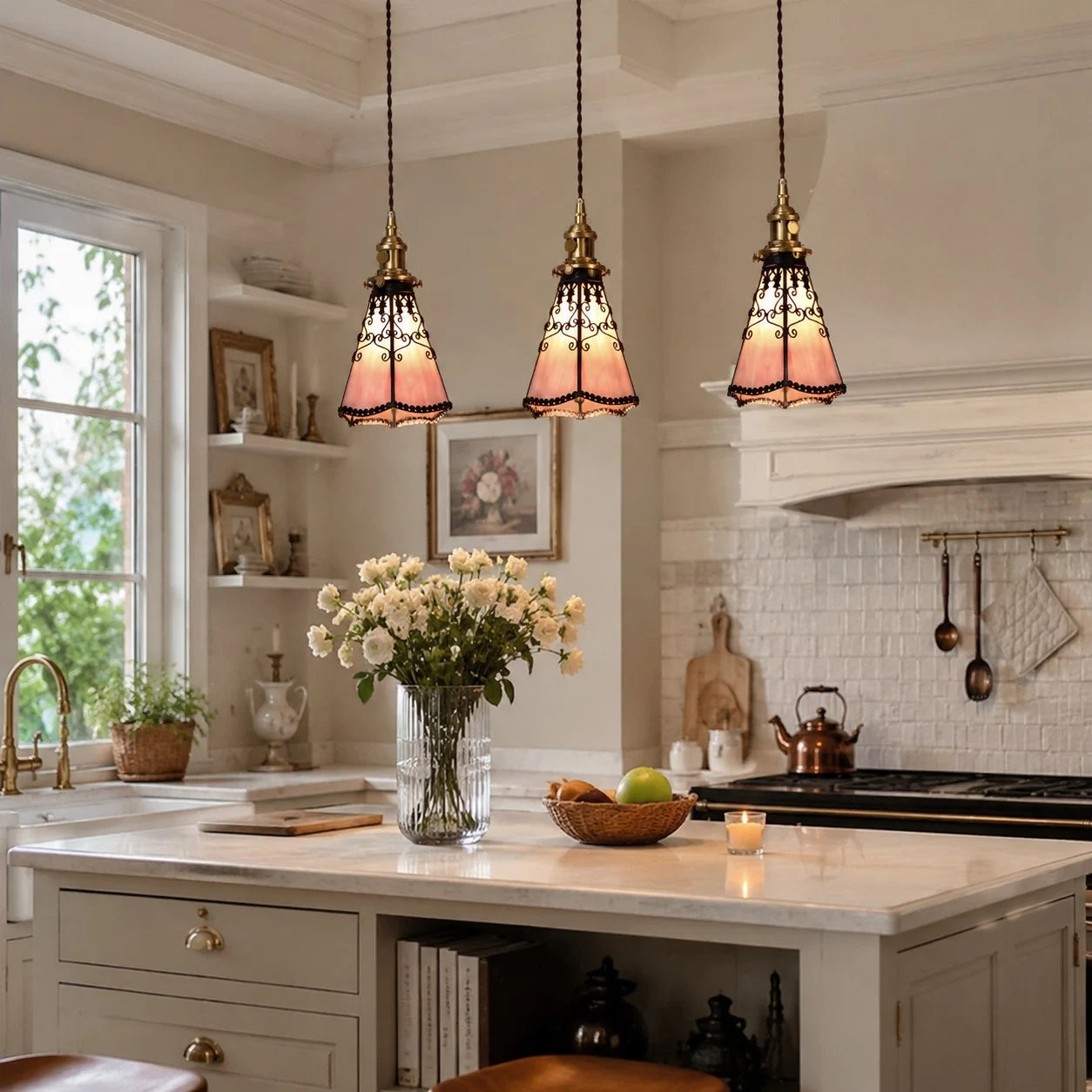 sakura pink pendant kitchen island scene