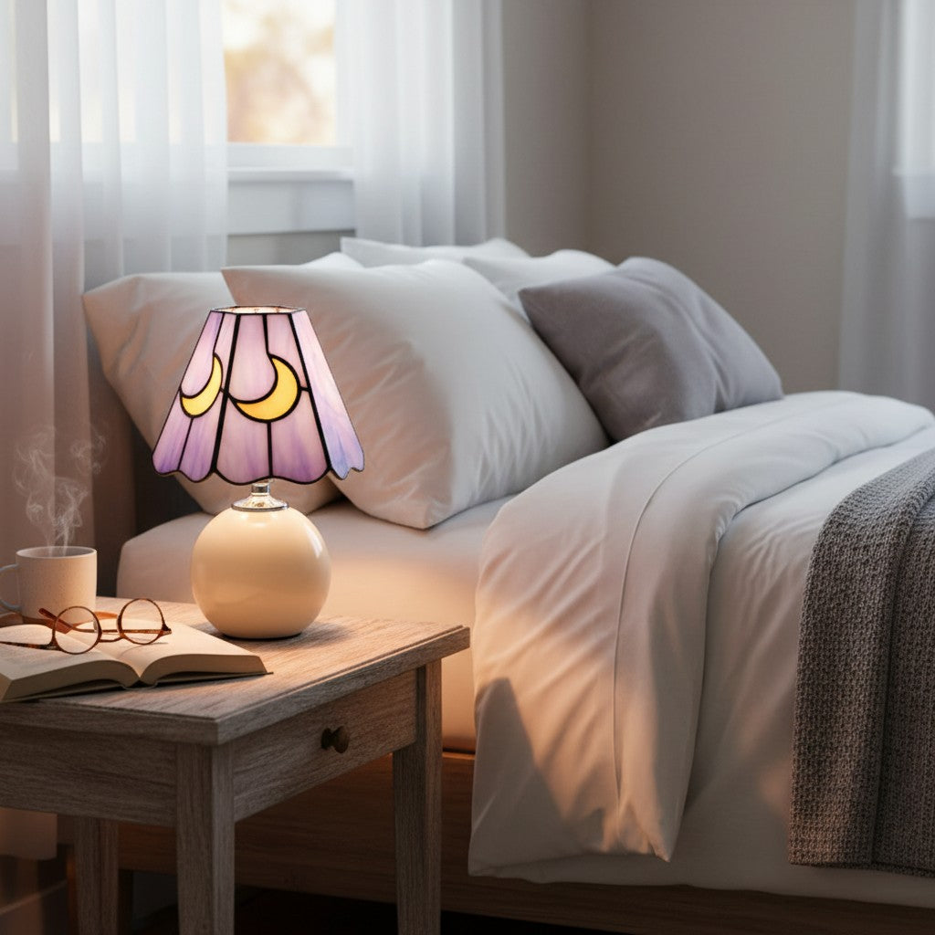 Stellum Mushroom Moon Stained Glass Table Lamp Artistic Accent Light Ceramic Base for Living Spaces