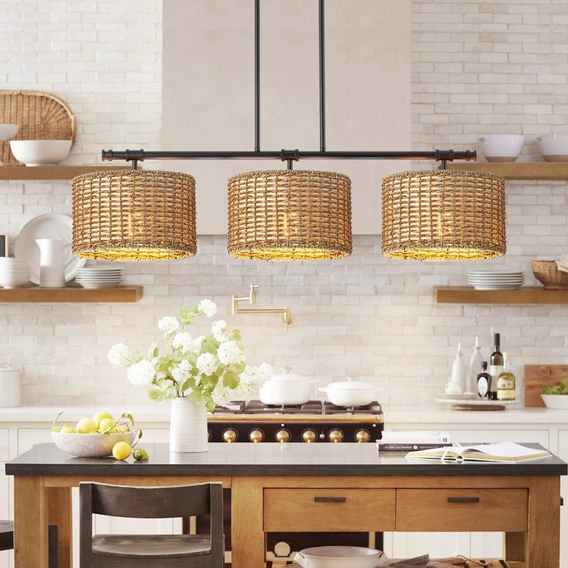 3 Light Handwoven Drum Farmhouse Pendant Light