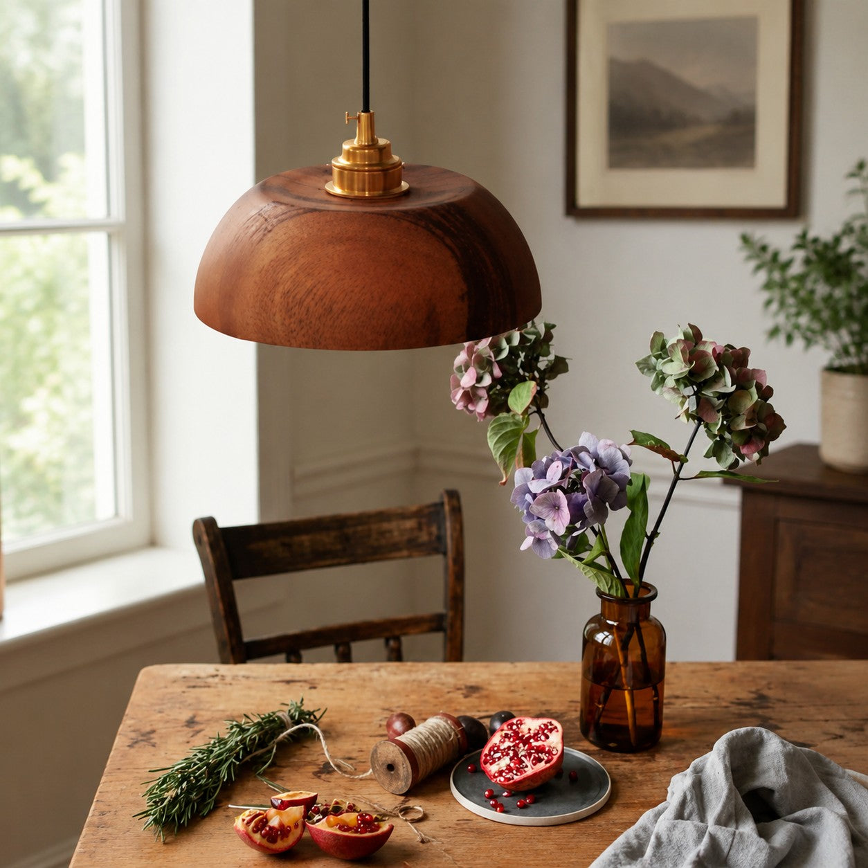 Handcrafted Walnut Wood Dome Pendant Light