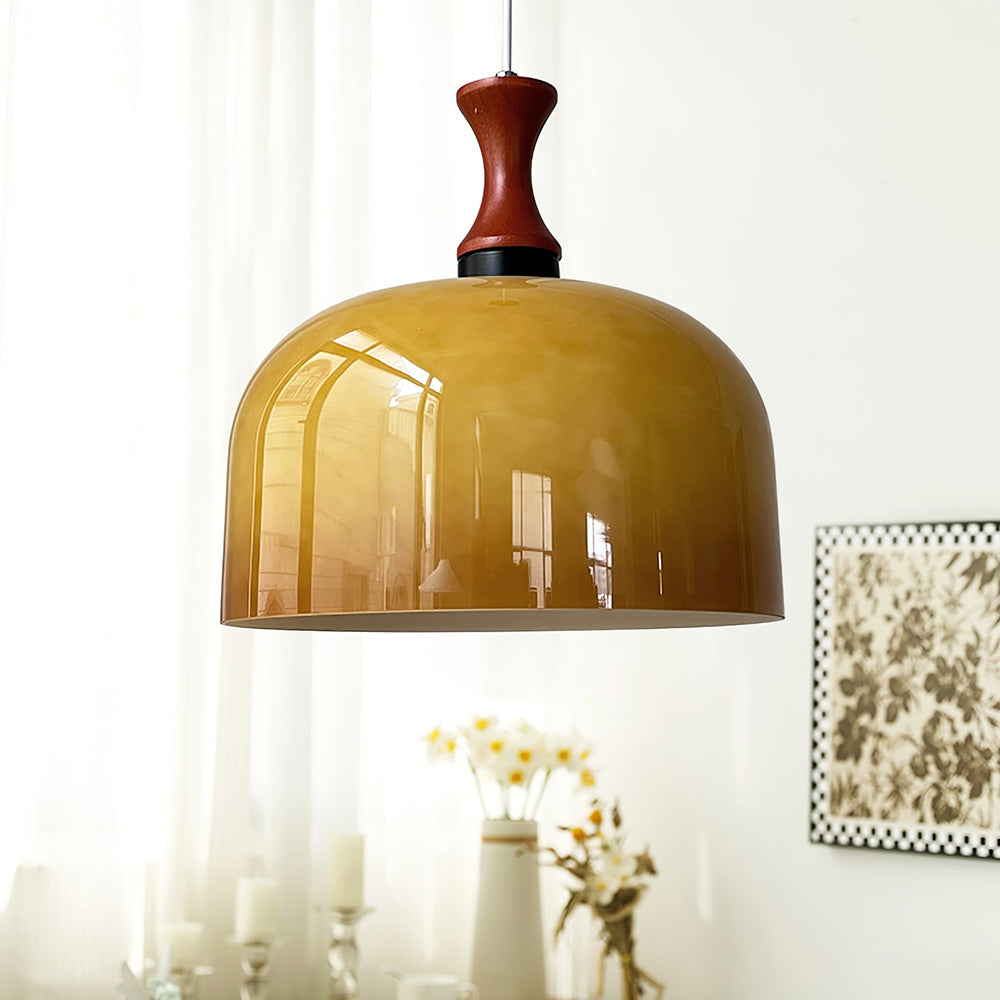 Retro Round Pendant Light - Amber Glass Hanging Lamp for Dining Room