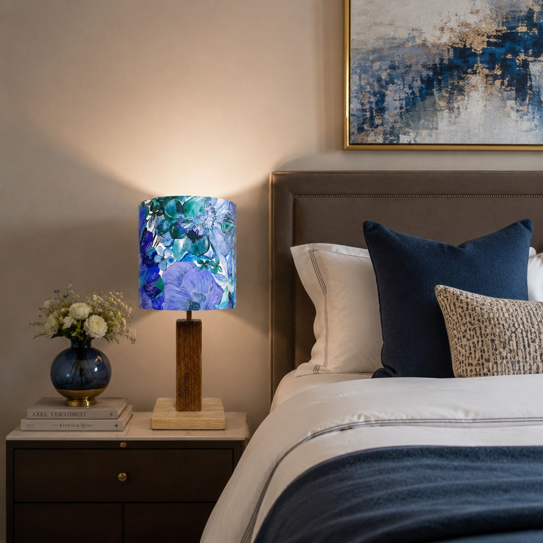 Colorful printed fabric table lamp in a styled interior