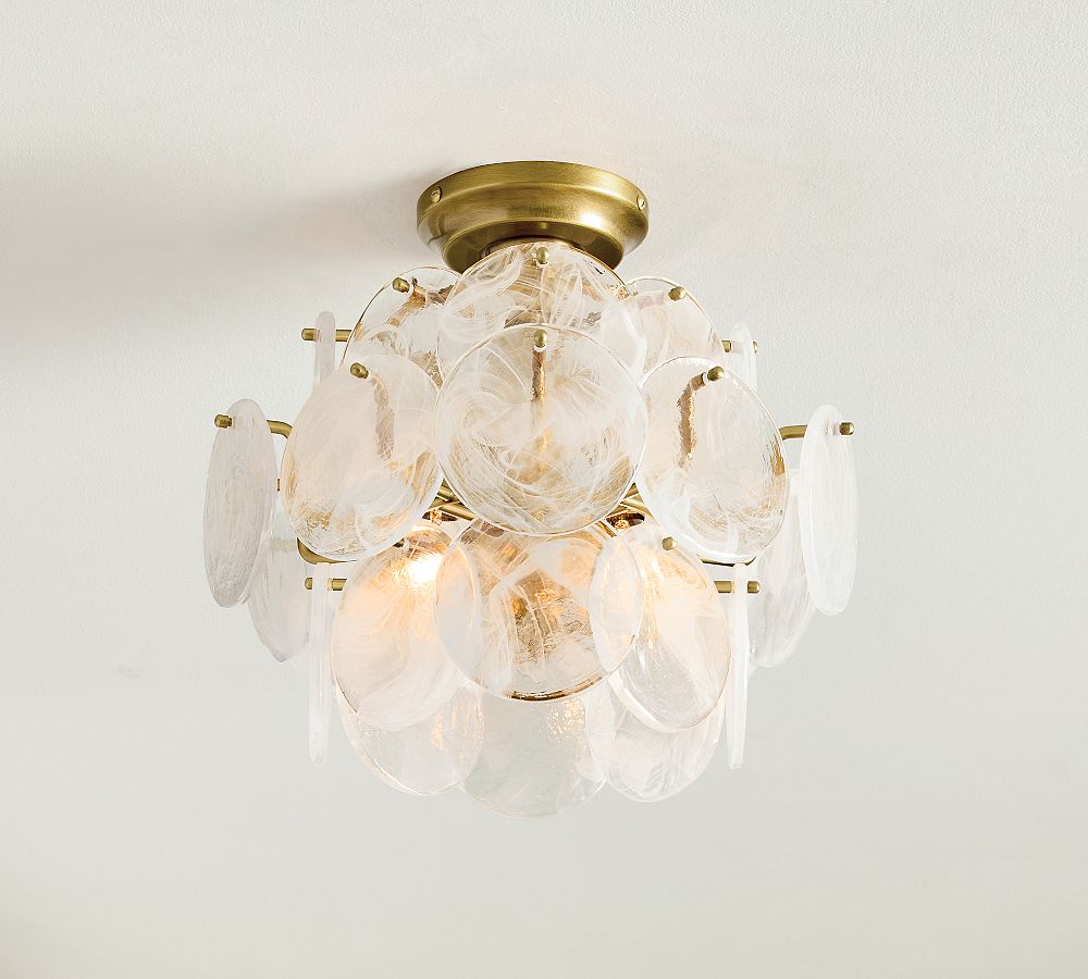 Sevra Cascading Glass Disc Round Flush Mount - Vintage Brass Ceiling Light