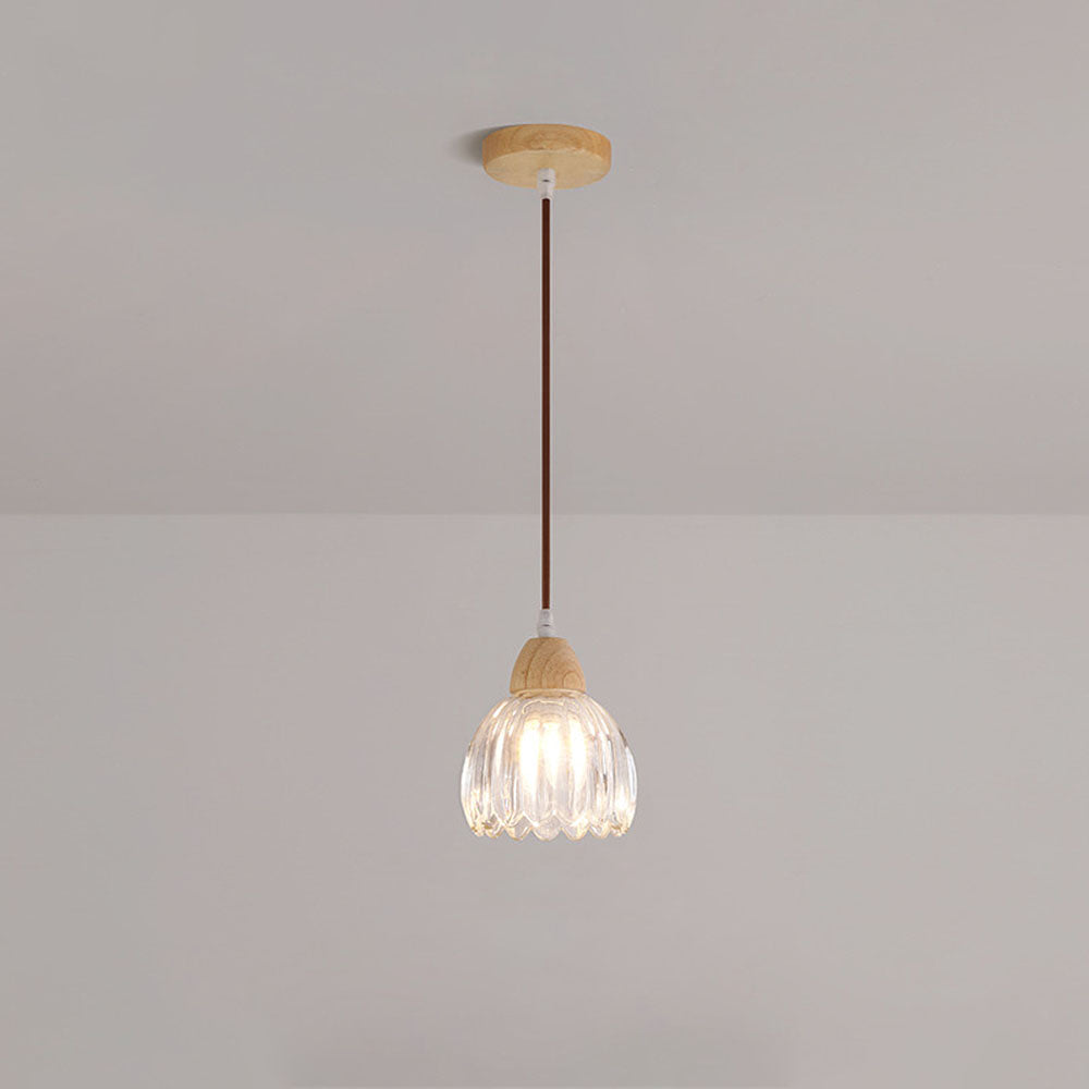 Clear Glass Ceiling Light - Minimalist Flower Wood Fixture for Hallway