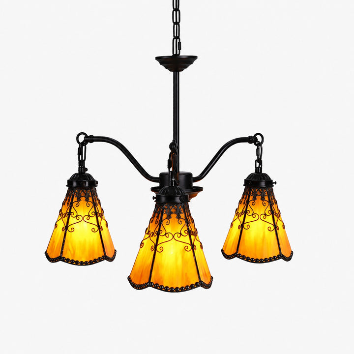 Orange red Tiffany-style three light chandelier