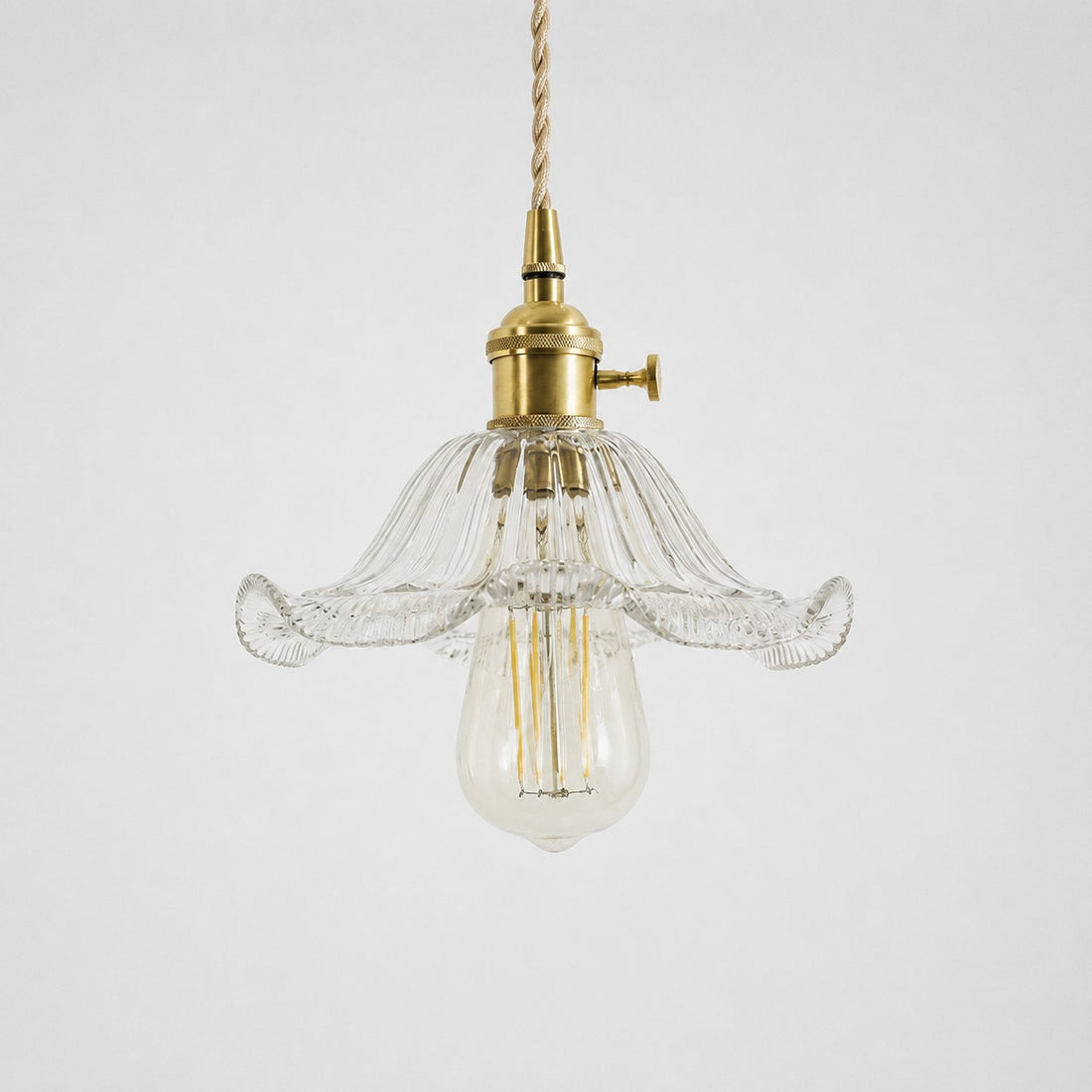 Style N textured glass shade with antique brass E27 socket, front view