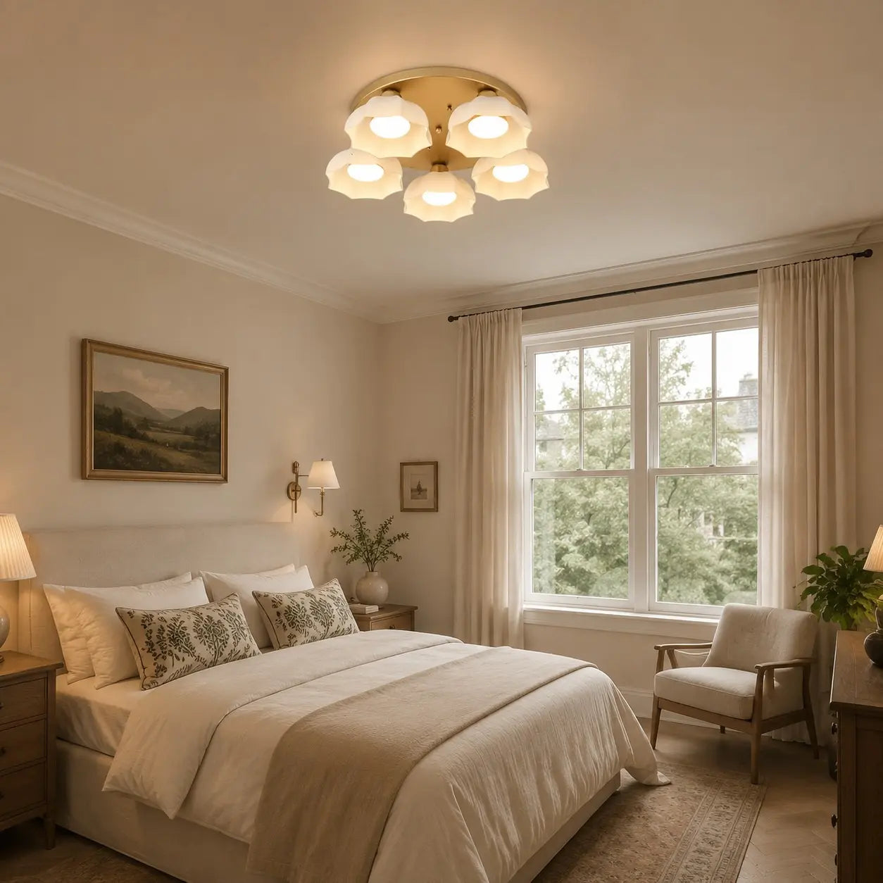 Gold and white glass ceiling light in a modern bedroom
