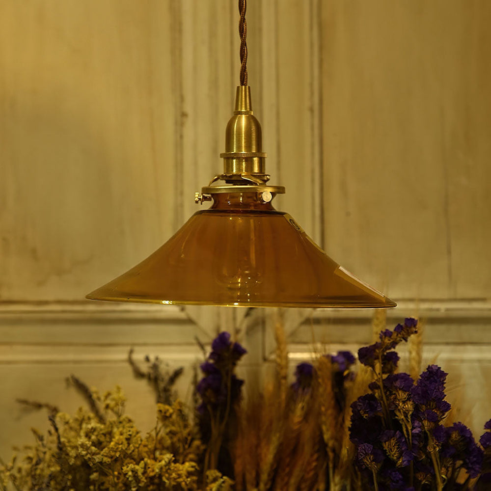 Retro Cone Pendant Light - Amber Glass Hanging Lamp for Kitchen Island