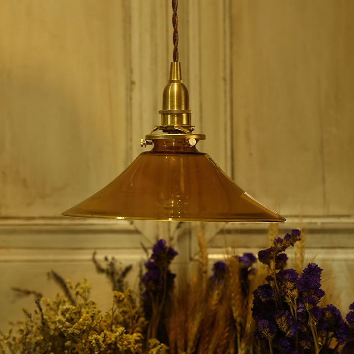 Retro Cone Pendant Light - Amber Glass Hanging Lamp for Kitchen Island