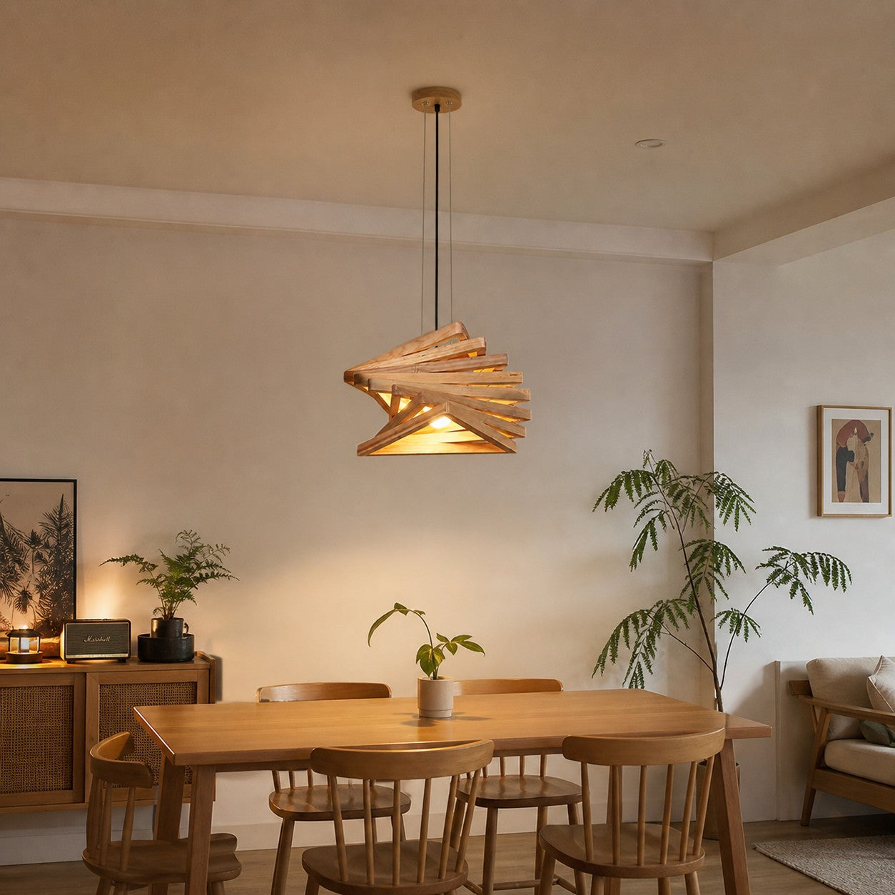 Wooden pendant light in a dining room setting