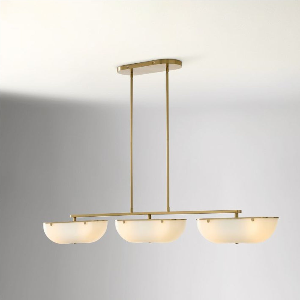 Ferosa Boat-Shaped Lampshade Linear Chandelier - Antique Brass with Milk Glass