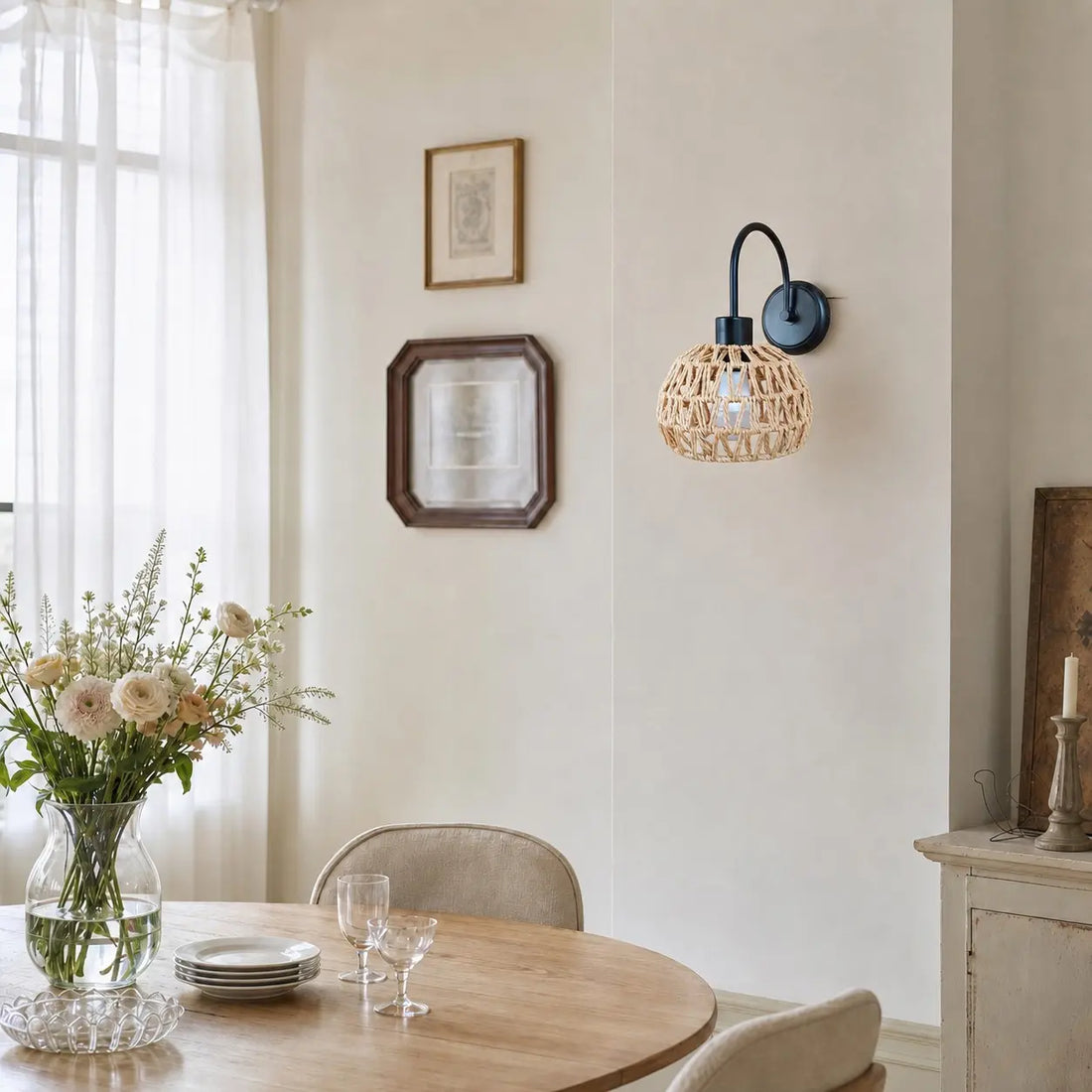 Woven rattan wall sconce in a dining space