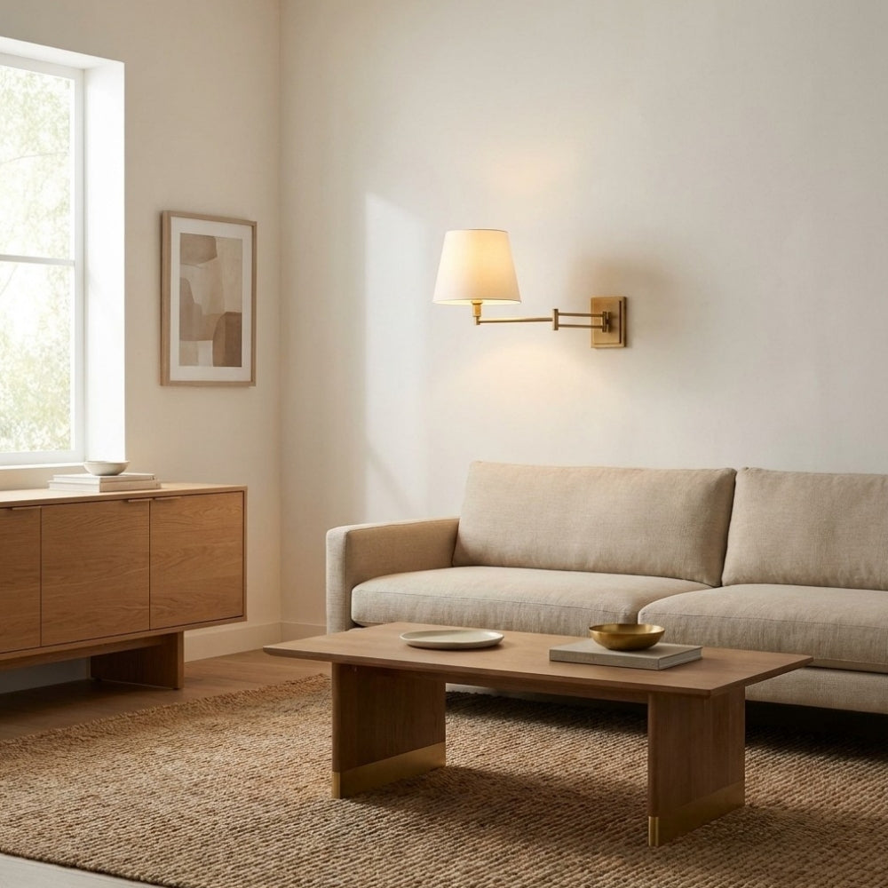 Arcuma Modern Adjustable Arm Wall Sconce with Linen Shade - Contemporary Metal Lighting for Living Room