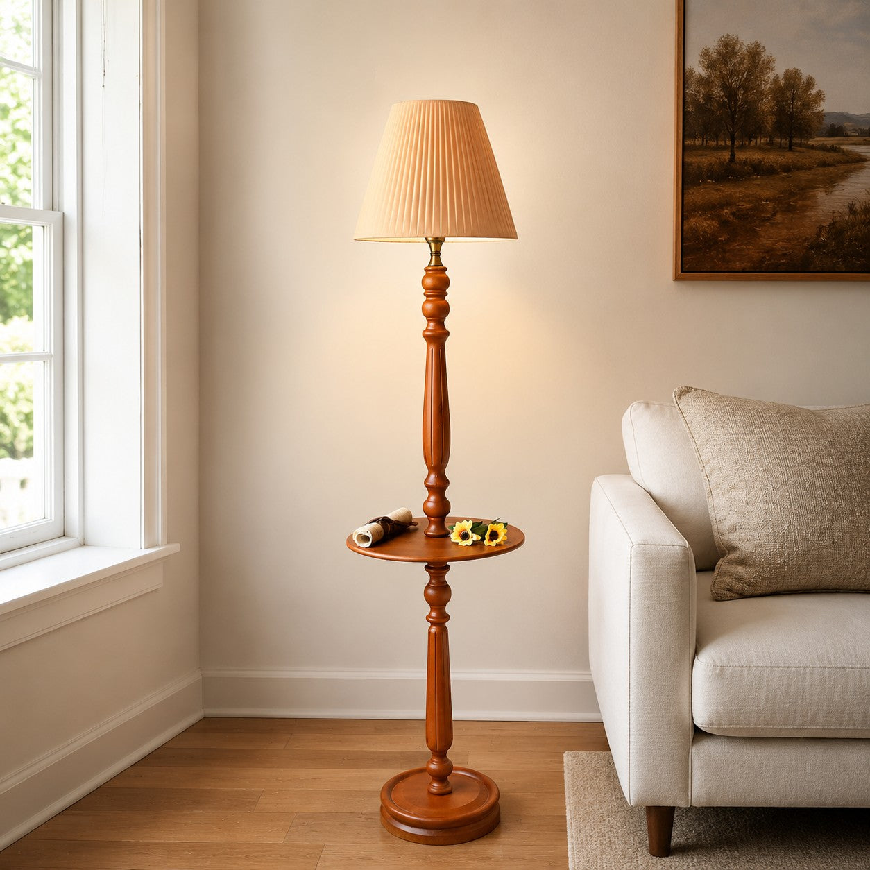 Vintage Solid Wood Floor Lamp with Optional Side Table