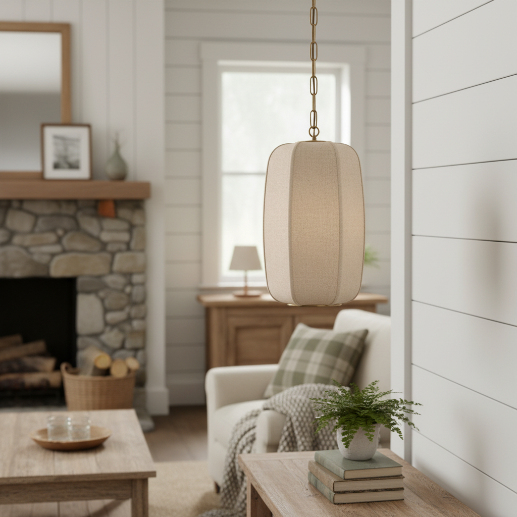 Loomis Tall Pendant – Textured Linen Shade Aged Brass Pendant for Dining Room and Kitchen