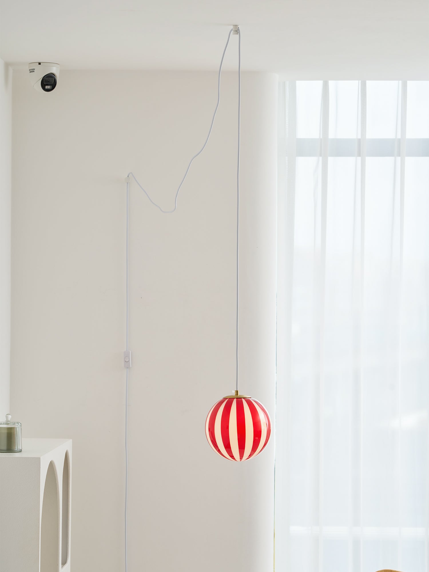 Red Striped Glass Globe Hardwired Pendant