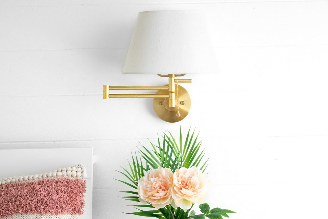 Ornato Luxe Brass Schoolhouse Sconce - Art Deco Wall Light with White Shade