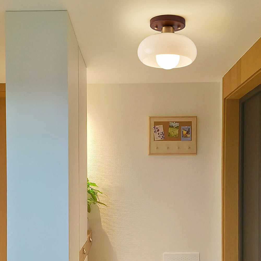 Cream Glass Ceiling Light - Vintage Bauhaus Walnut Lamp for Hallway