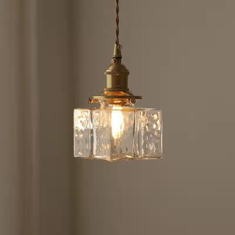 Traditionelle Vintage Quadrat Rechteck Ripple Glas Eisen 1-Licht Pendelleuchte für Wohnzimmer