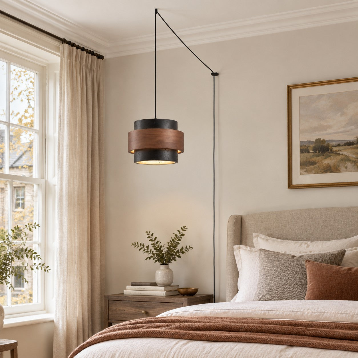 Travertine Walnut Cylindrical Plug-In Pendant