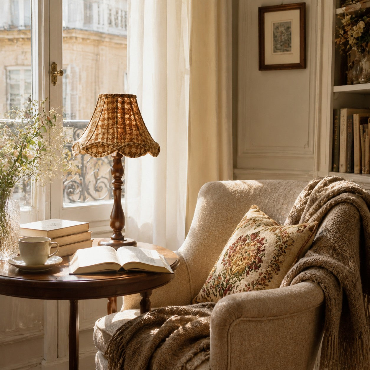 Vintage wood table lamp beside a bright reading chair