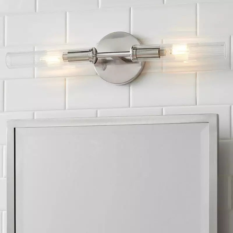 Alice Rustikale transparente Cooper-Wandleuchte mit geripptem Glas und Doppelröhre