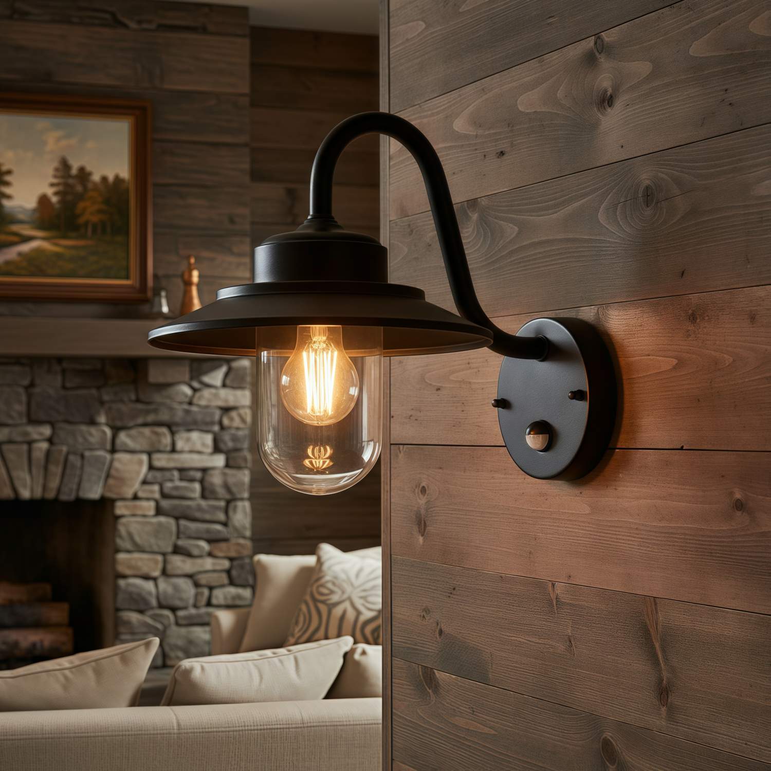 Trevanta Arched Arm Design Wall Light - Black Painted Sensor Lantern Style for Small Spaces