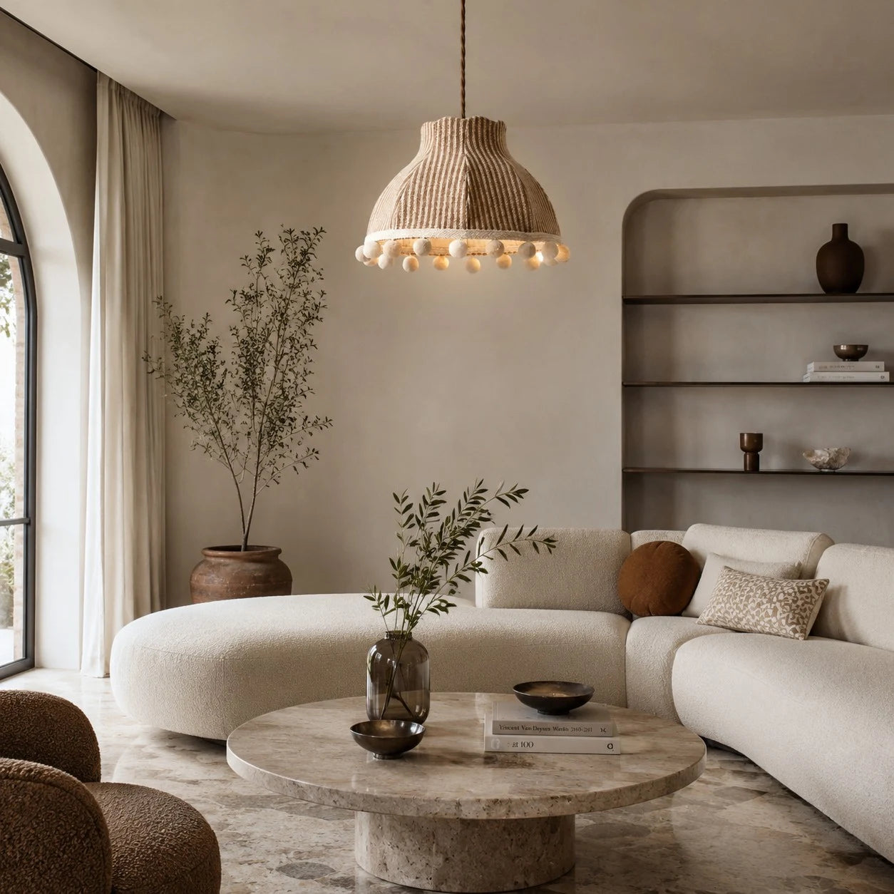 French Cream Pom Pom Fabric Pendant Light