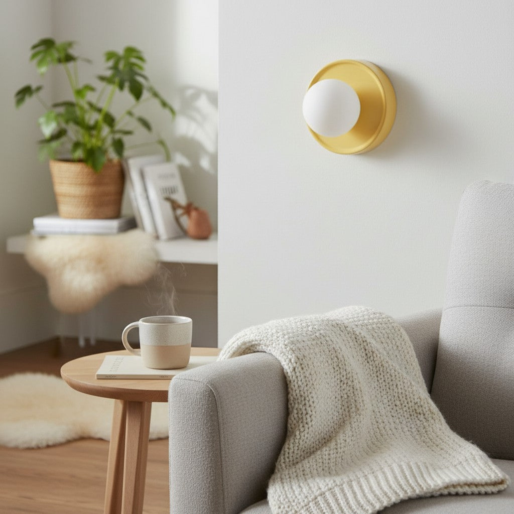 Solna Round Glass Wall Sconce with Ceramic Base—Minimalist Lighting for Bedroom or Hallway