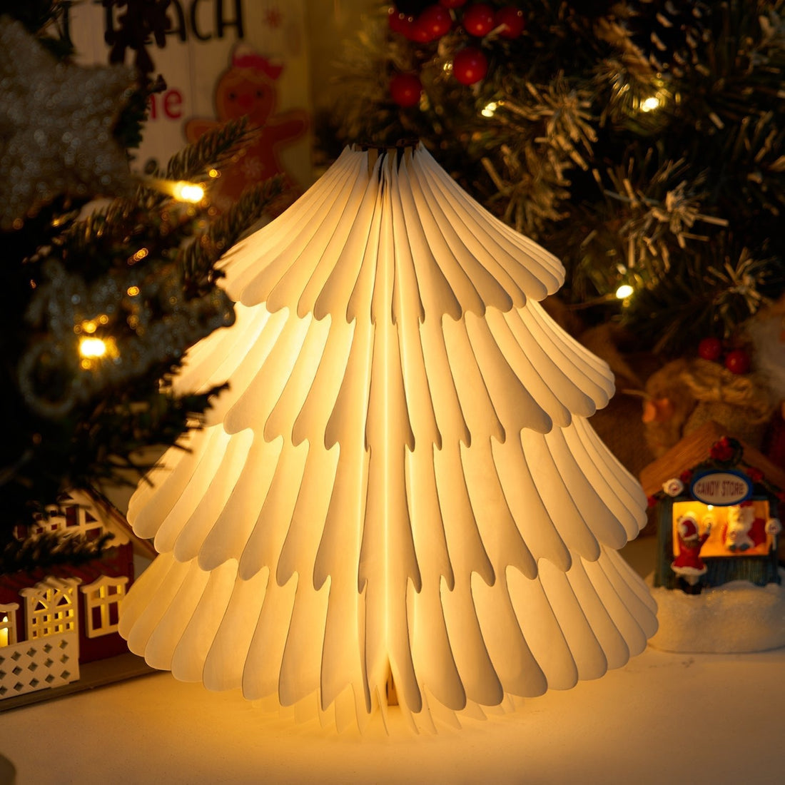 Faltbare Weihnachtsbaum-Tischlampe – LED-Licht aus Holz für das Wohnzimmer