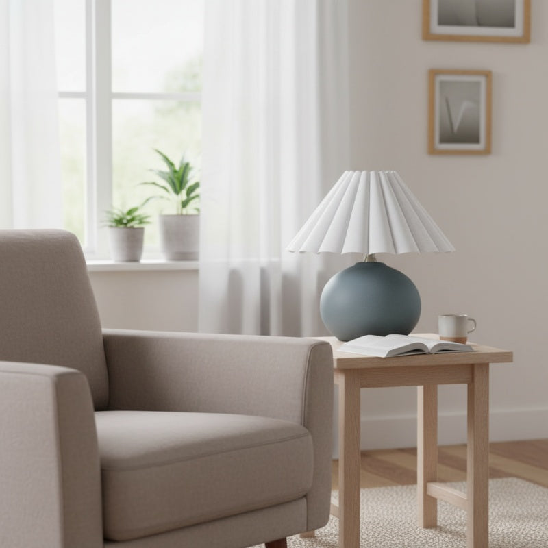 Ruffmeto Decorative Table Lamp — Round Ceramic Base with Pleated Fabric Shade for Cozy Spaces