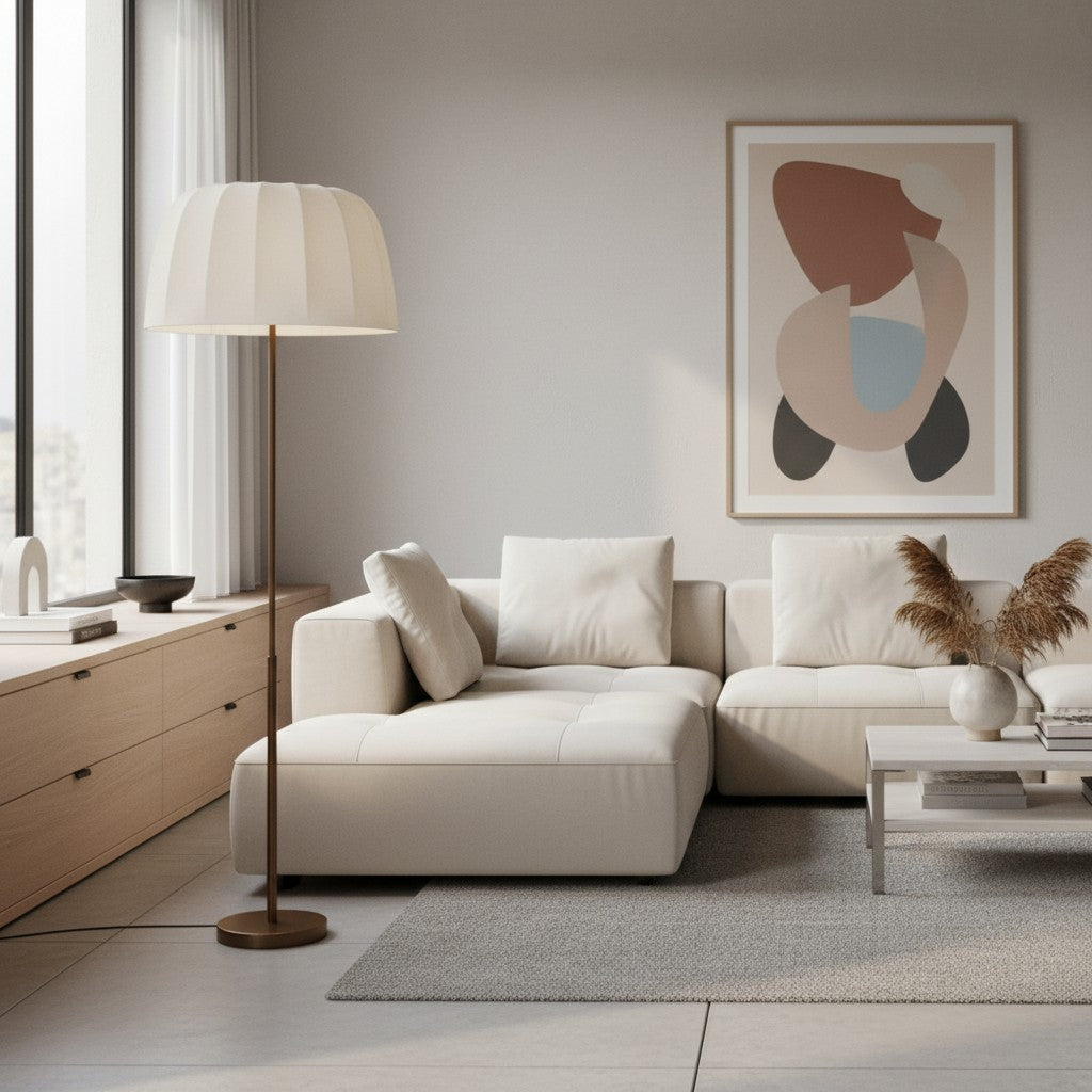 Vellaro Brass Floor Lamp with Fabric Shade – Modern Standing Light for Living Room or Bedroom