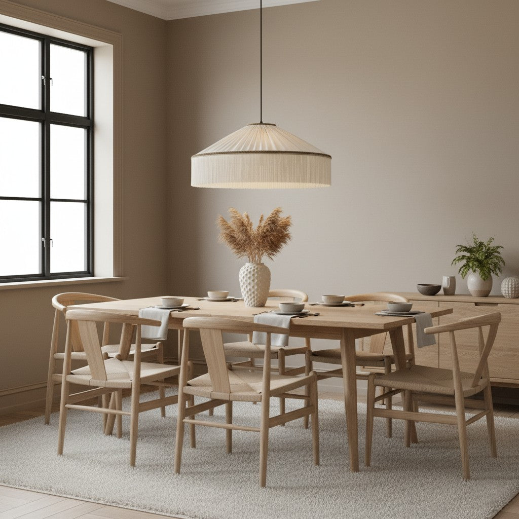 Beige Stecker-Pendelleuchte aus plissiertem Stoff mit Fransen