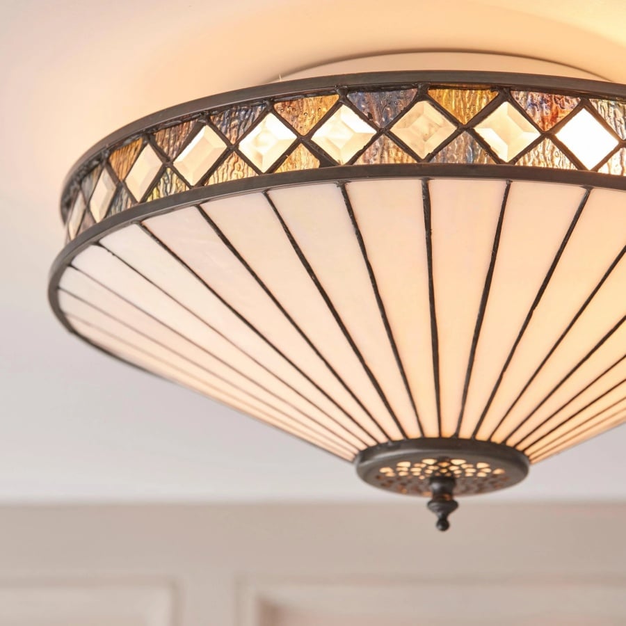 TF Fargo Geometric Flush Mount Light — Handcrafted Art Deco Stained Glass Lamp for Entryway
