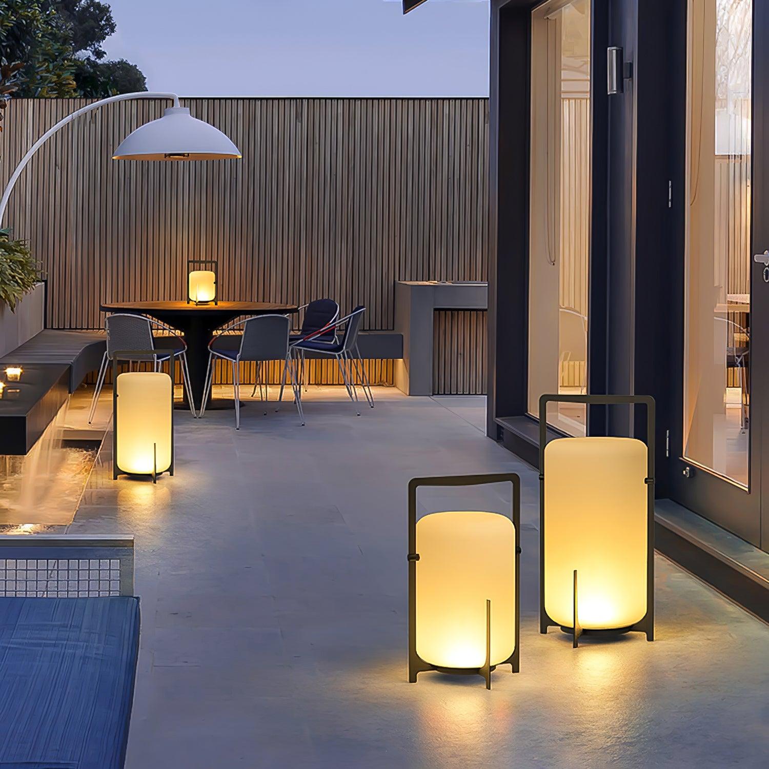Black Lantern Table Lamp - Outdoor LED Light with Blown Glass Shade