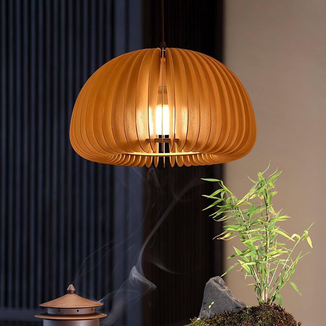 Rounded Wood Slat Swag Pendant Light