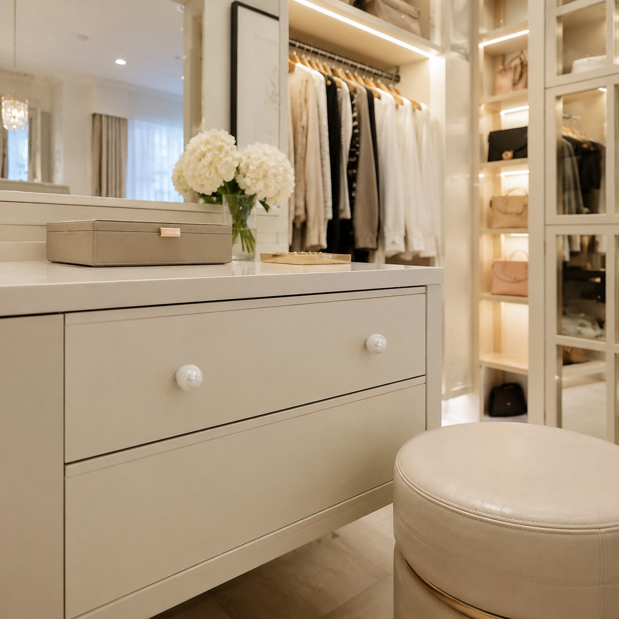 Pearl white cabinet knobs in a dressing room