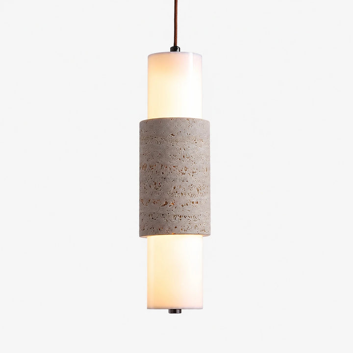 Yellow travertine cylinder pendant lamp with warm frosted diffuser