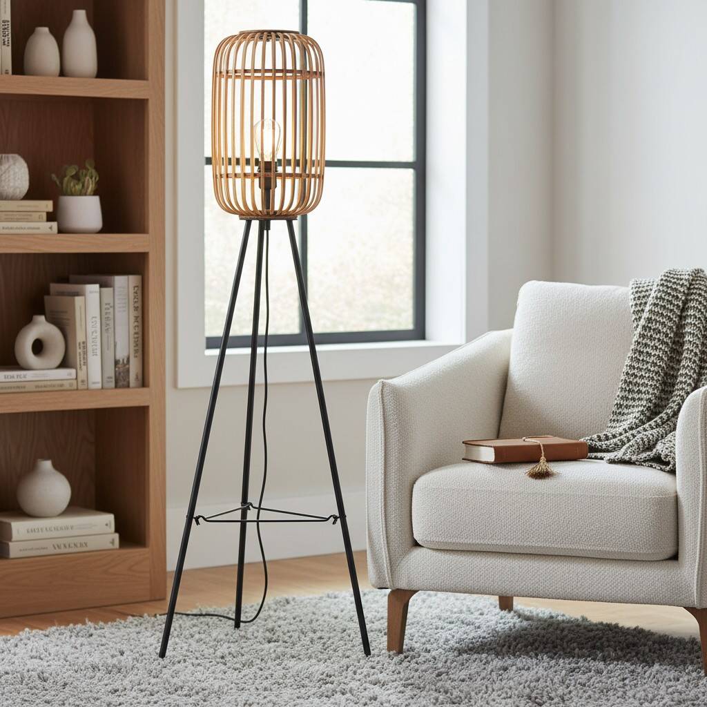 Yumeko Natural Woven Floor Lamp – Modern Scandi Bamboo Shade Standing Lamp for Bedrooms or Living Rooms