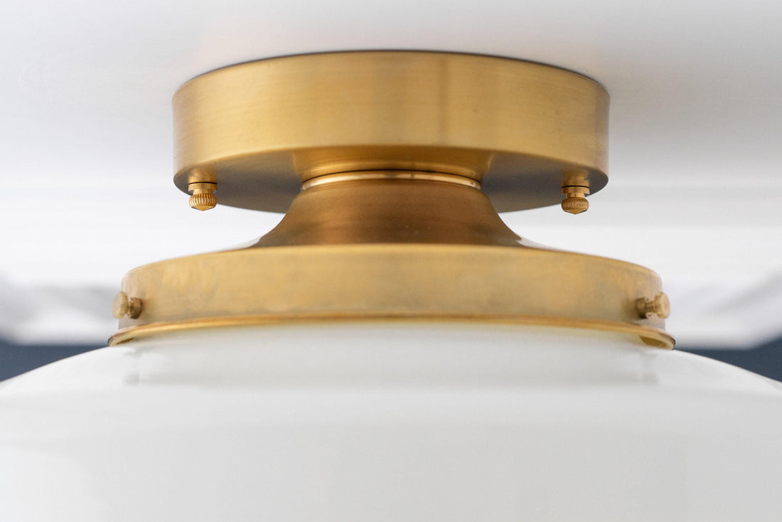Geotower Glass Brass Ceiling Lamp – Handblown Opal Glass Globe Light