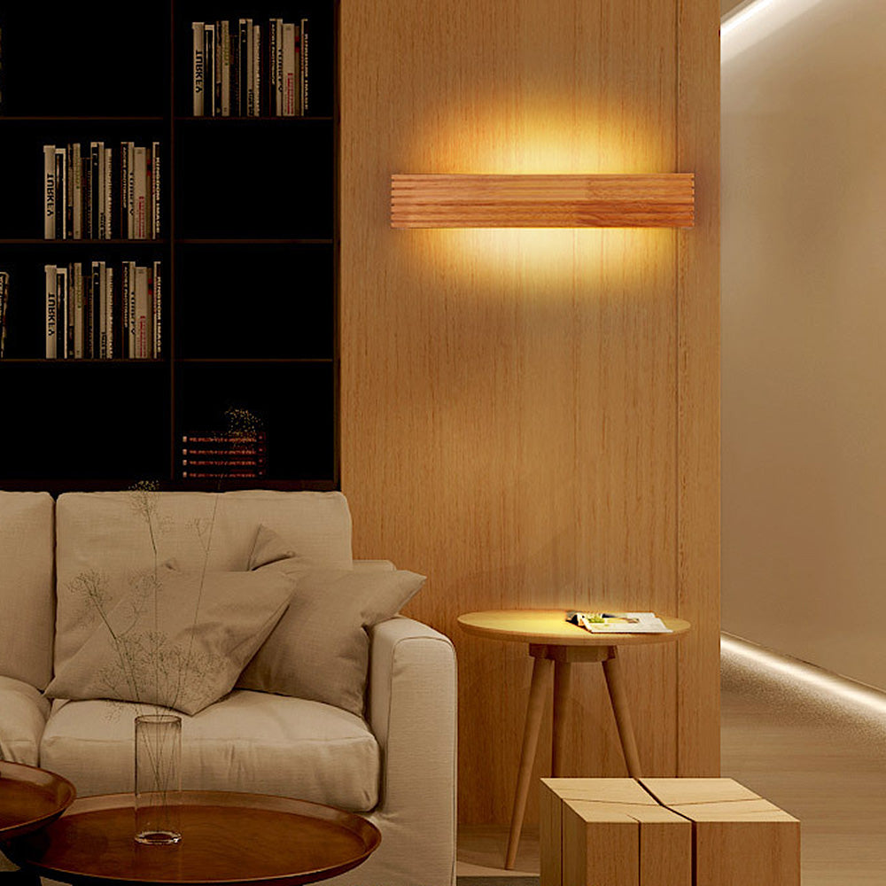 Natural Wood Frame Wall Light - Rustic LED Bathroom Mirror Sconce