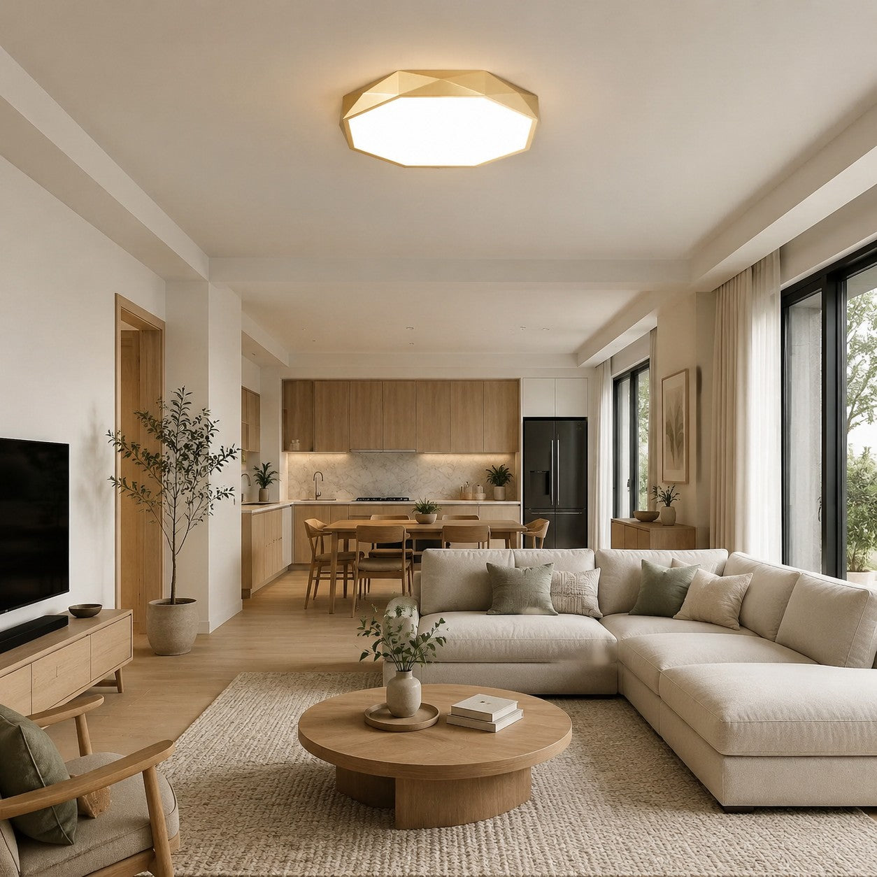 Faceted Gold Geometric LED Flush Mount Ceiling Light
