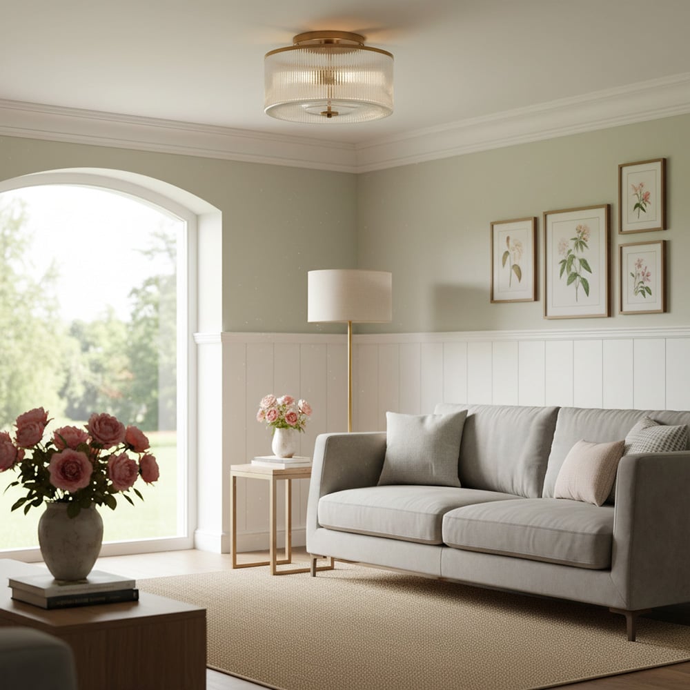 Drum Ribbed Glass Ceiling Lamp - Vintage Farmhouse Flush Mount