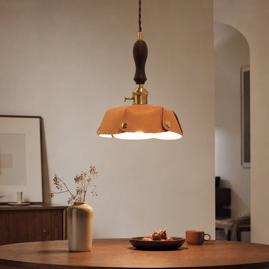 Vintage leather pendant light room scene