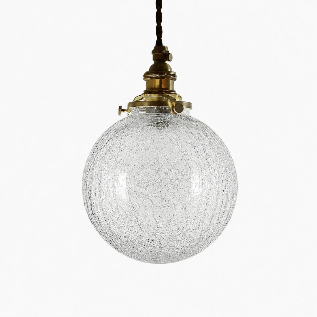 Style A brass pendant light with round clear crackle glass shade