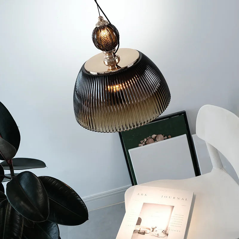 Green Glass Pendant Light - Vintage Striped Lamp for Kitchen Island